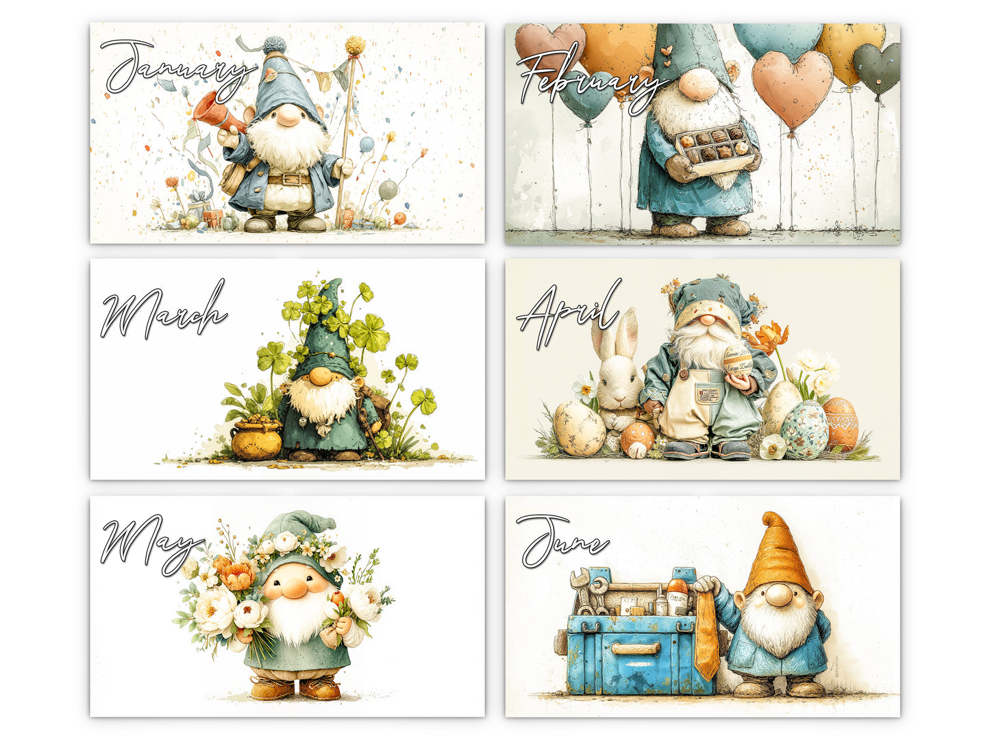 Set of six calendar cards featuring gnomes for each month of the year.