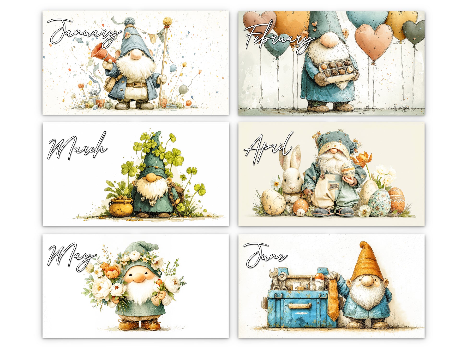 Set of six calendar cards featuring gnomes for each month of the year.