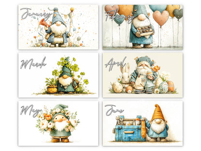 Set of six calendar cards featuring gnomes for each month of the year.