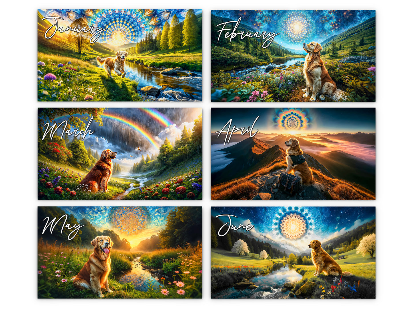 Golden Retriever 2027 wall calendar monthly artwork preview January through June