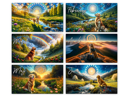 Golden Retriever 2027 wall calendar monthly artwork preview January through June