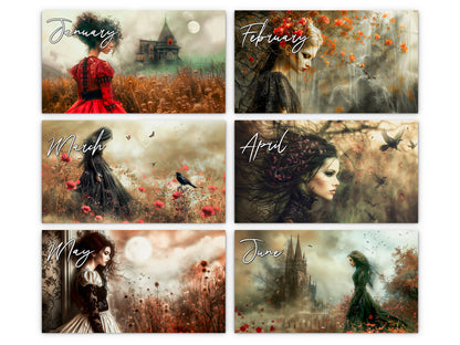 Gothic Dream 2027 wall calendar monthly artwork preview January through June