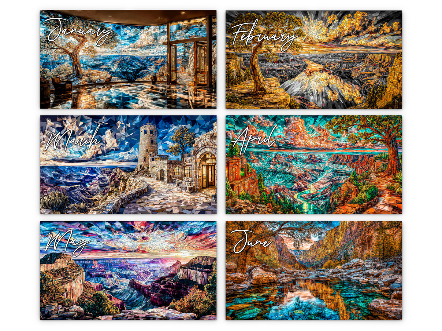 Grand Canyon Mosaic 2027 wall calendar monthly artwork preview January through June