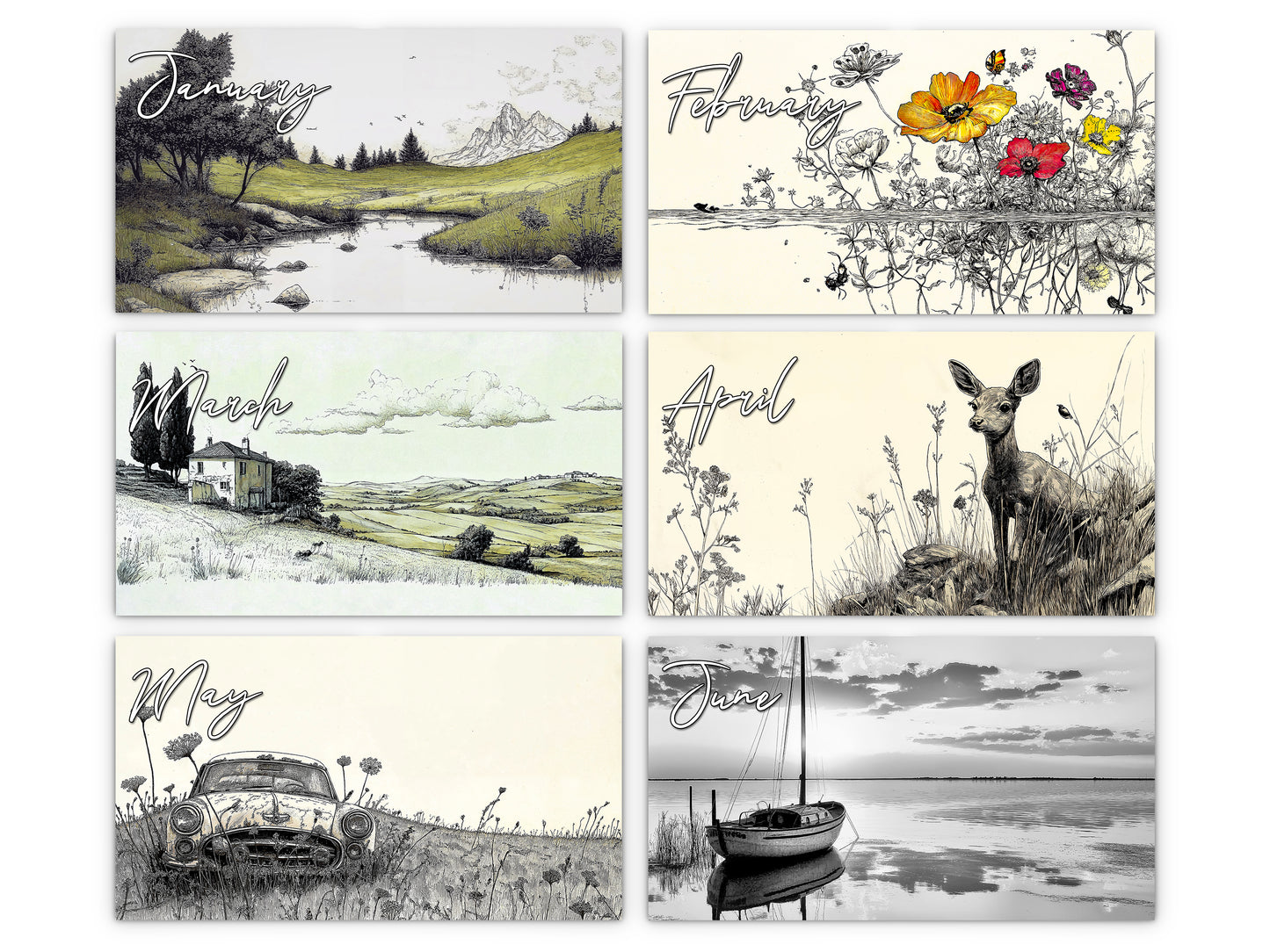 Illustrated Moments 2027 wall calendar monthly artwork preview January through June