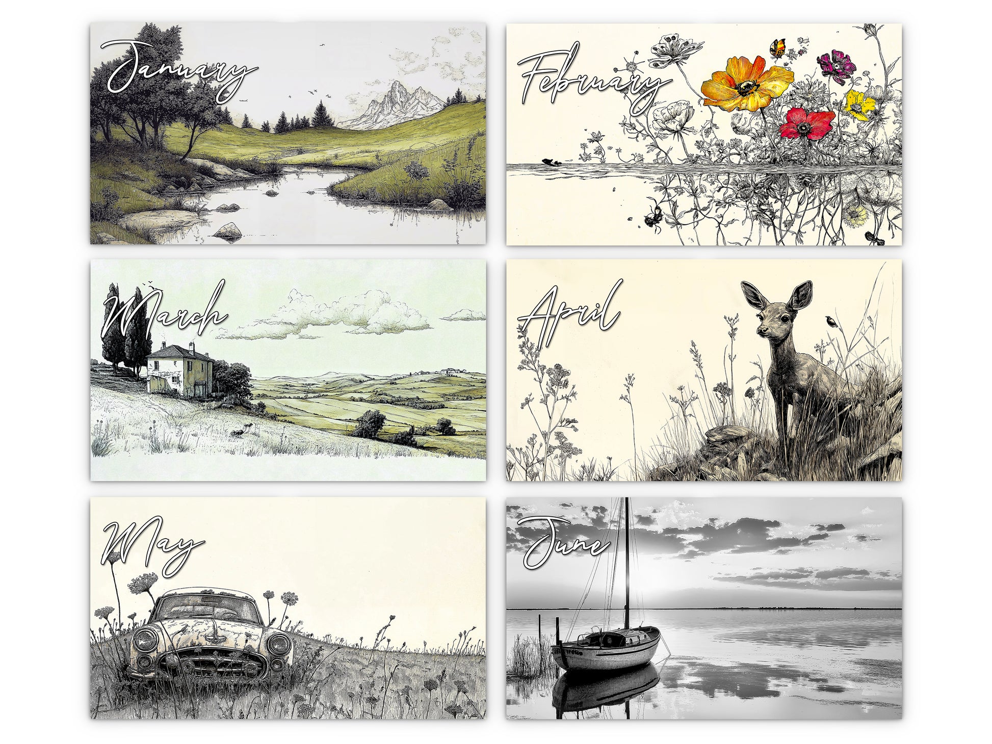 Illustrated Moments 2027 wall calendar monthly artwork preview January through June