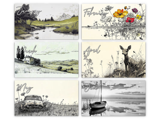 Illustrated Moments 2027 wall calendar monthly artwork preview January through June