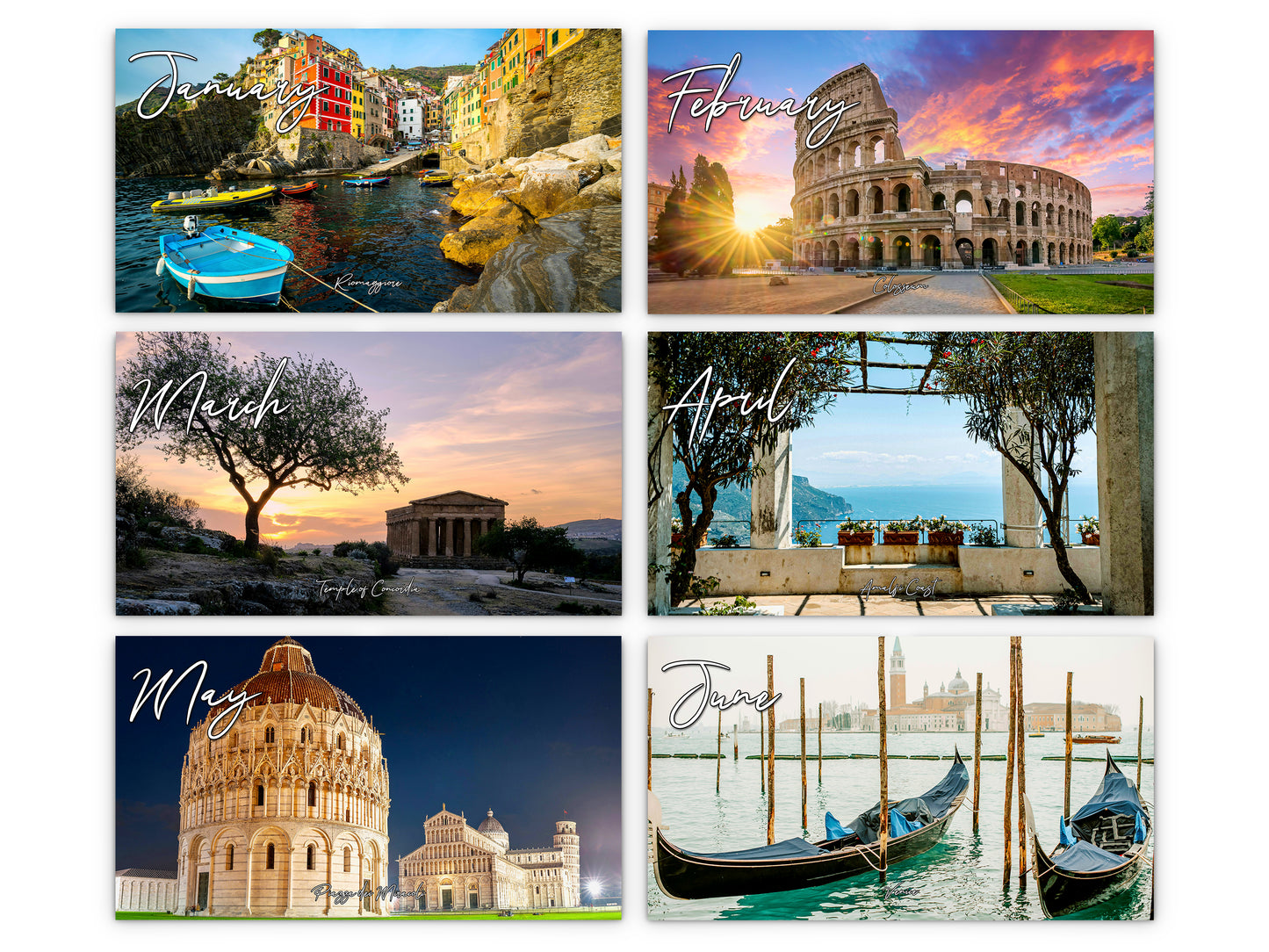 Italy Vistas Photography 2027 wall calendar monthly artwork preview January through June