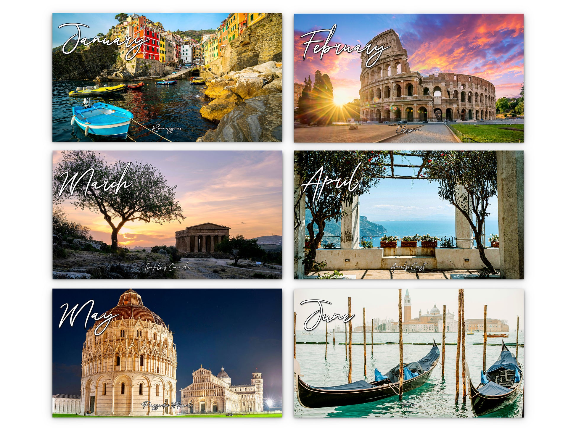 Italy Vistas Photography 2027 wall calendar monthly artwork preview January through June