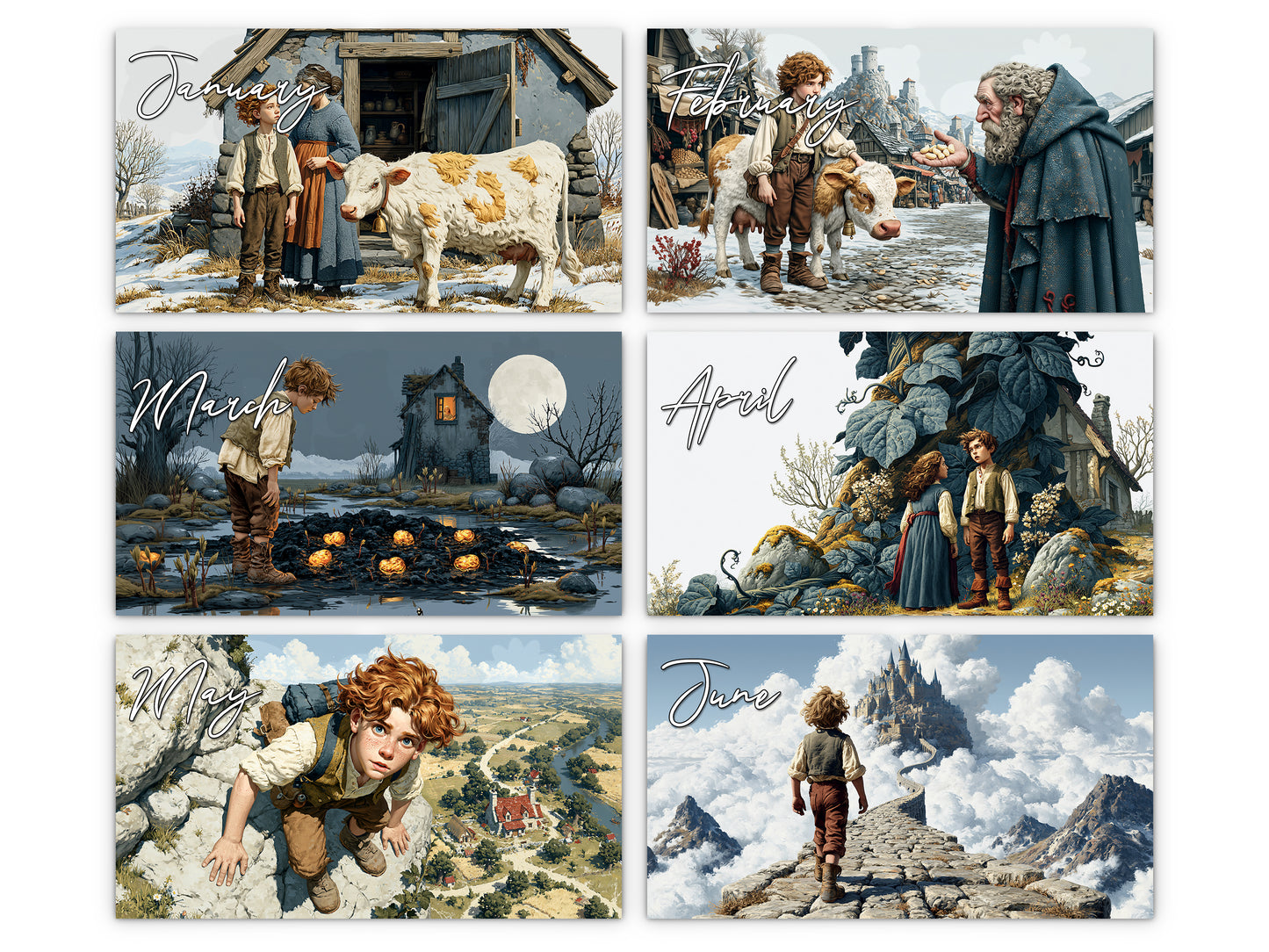 Jack and the Beanstalk 2027 wall calendar monthly artwork preview January through June