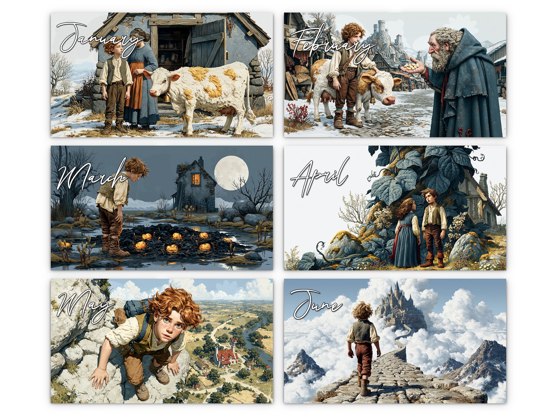 Jack and the Beanstalk 2027 wall calendar monthly artwork preview January through June