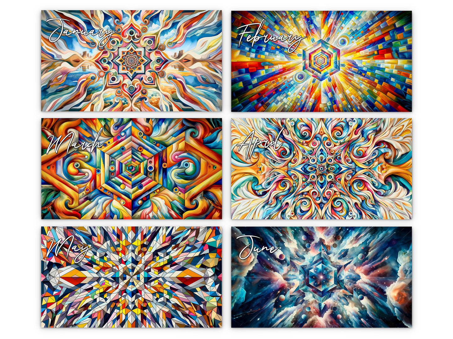 Kaleidoscopic Art 2027 wall calendar monthly artwork preview January through June
