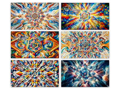 Kaleidoscopic Art 2027 wall calendar monthly artwork preview January through June