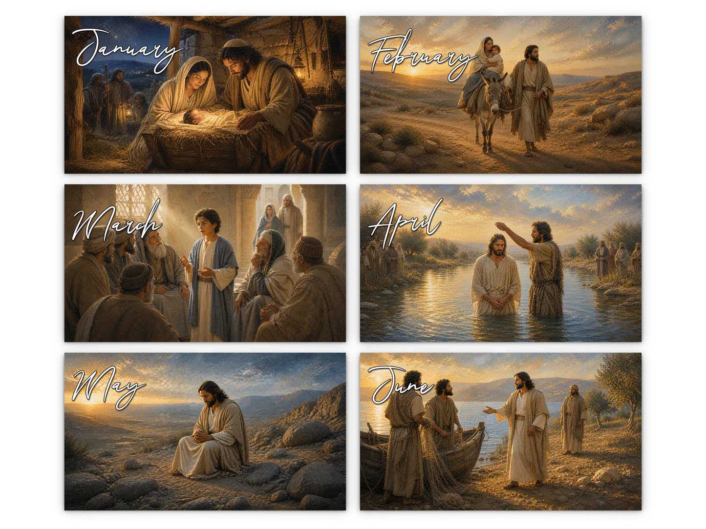 Life of Jesus 2027 wall calendar monthly artwork preview January through June
