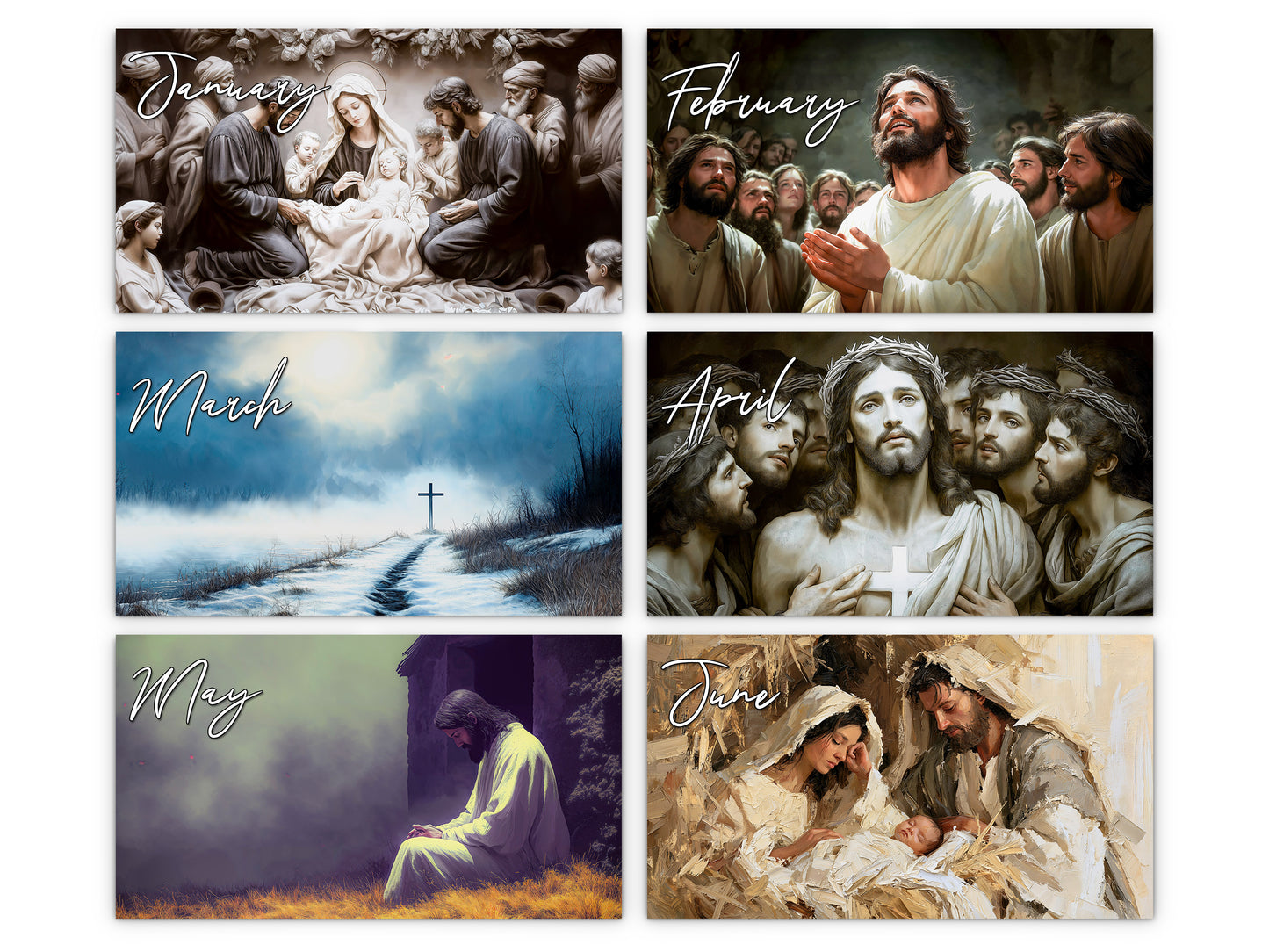 Light of Jesus 2027 wall calendar monthly artwork preview January through June