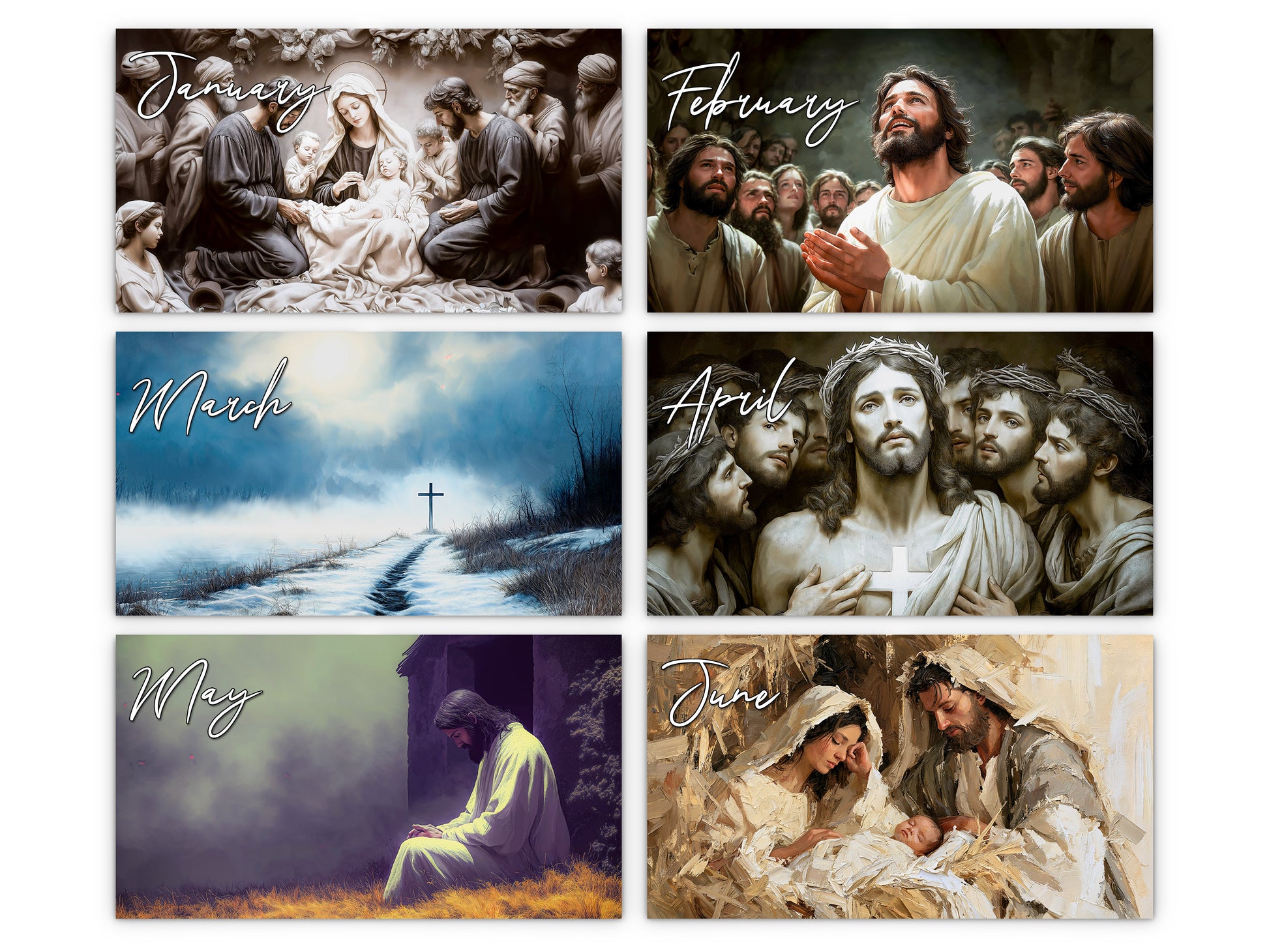 Light of Jesus 2027 wall calendar monthly artwork preview January through June