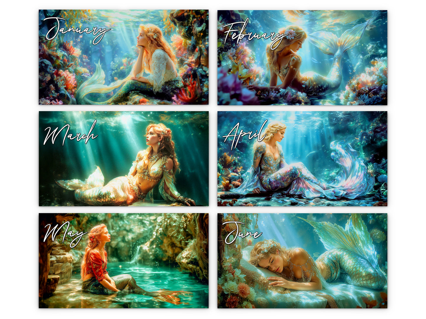 Mermaid 2027 wall calendar monthly artwork preview January through June