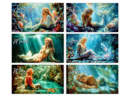Mermaid 2027 wall calendar monthly artwork preview January through June