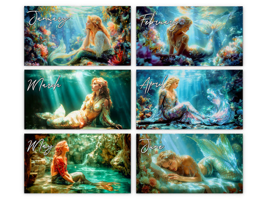 Mermaid 2027 wall calendar monthly artwork preview January through June