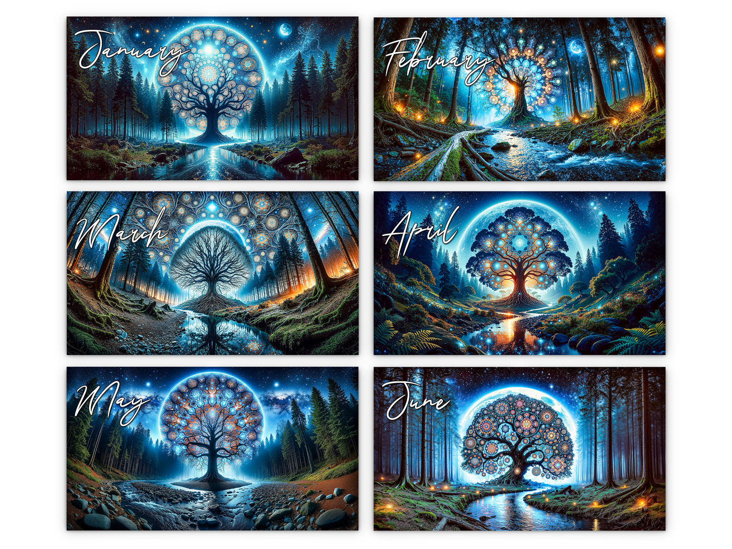 Moonlit Mystique 2027 wall calendar monthly artwork preview January through June