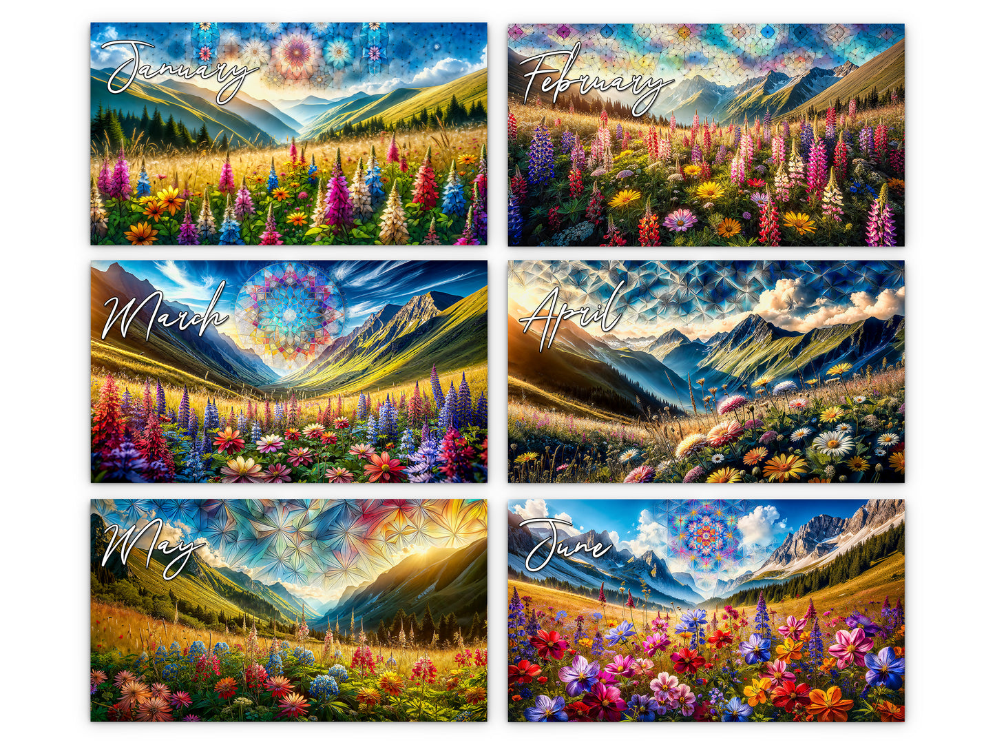 Mountain Wildflowers 2027 wall calendar monthly artwork preview January through June