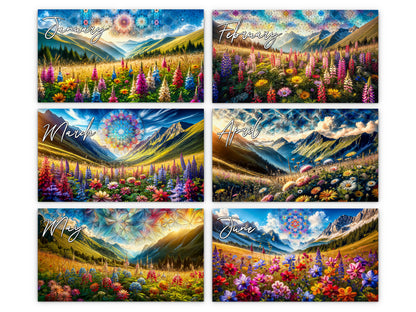 Mountain Wildflowers 2027 wall calendar monthly artwork preview January through June