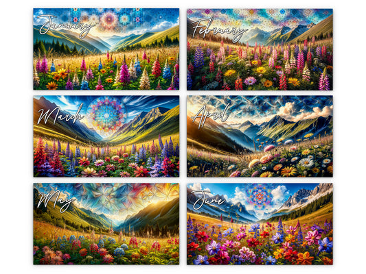 Mountain Wildflowers 2027 wall calendar monthly artwork preview January through June