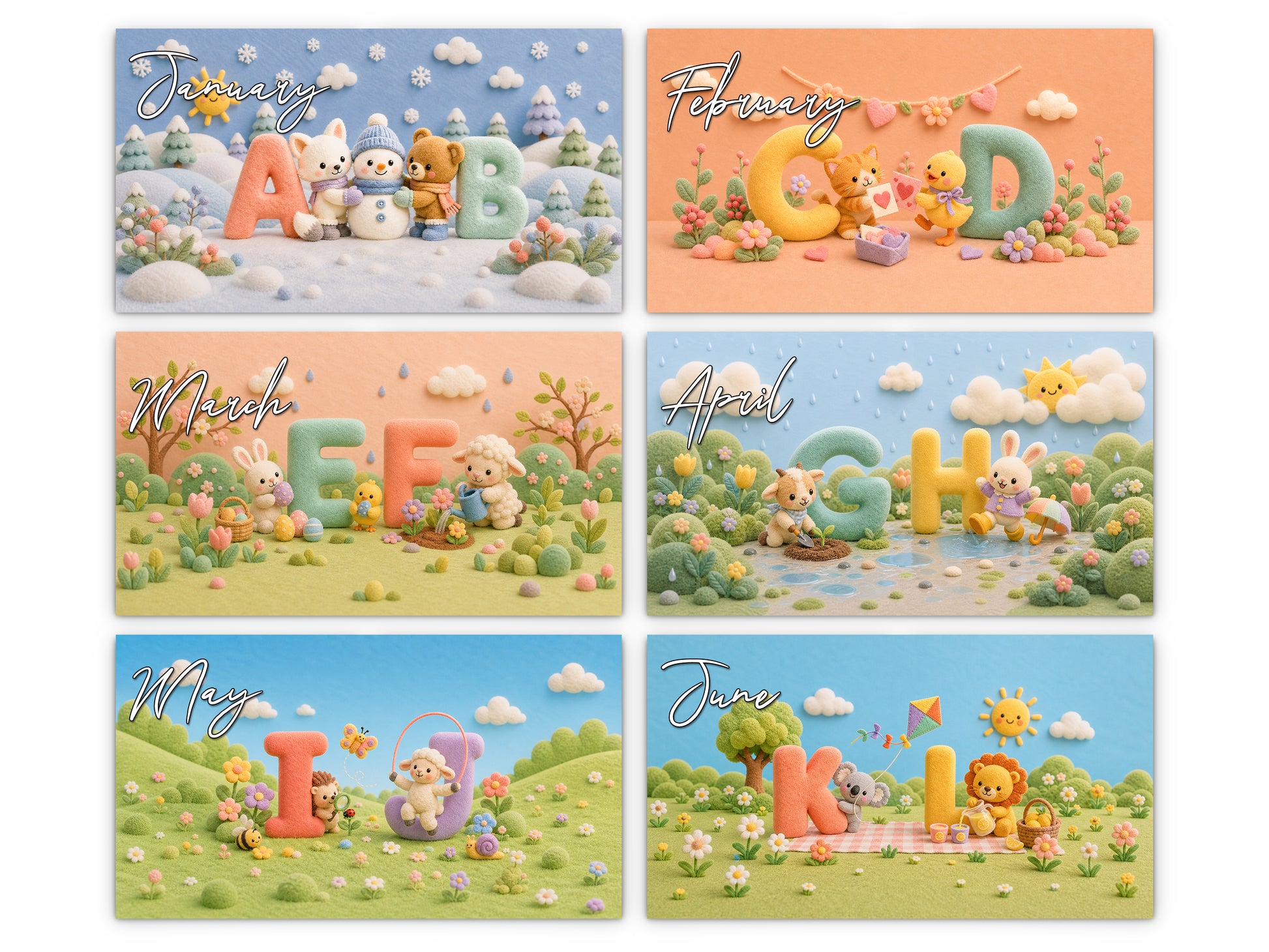 My ABC Adventure by Kaleidoscope Artisan - Playful Learning with Holidays 2027 wall calendar monthly artwork preview January through June