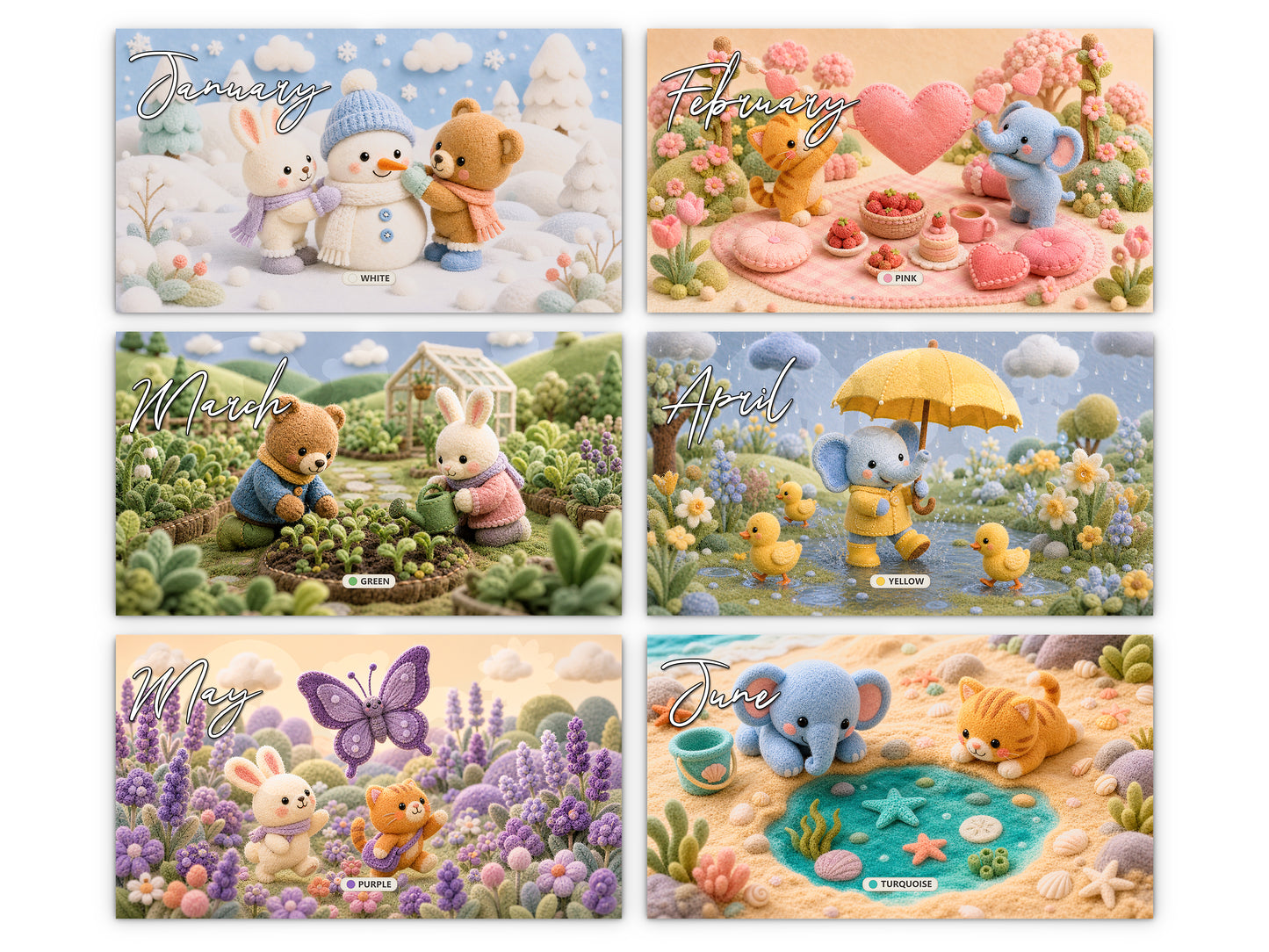 My Colors Adventure by Kaleidoscope Artisan - Whimsical Felt Friends with Holidays 2027 wall calendar monthly artwork preview January through June