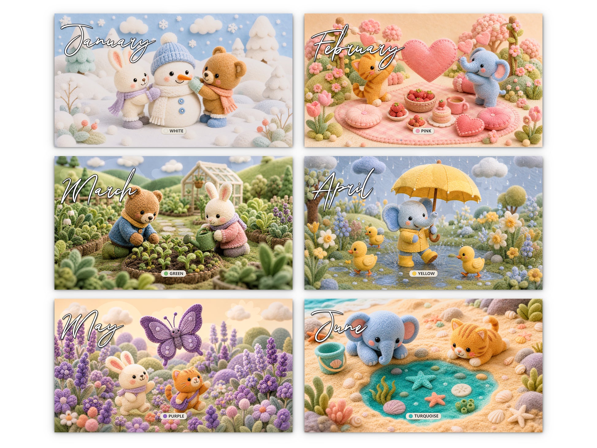 My Colors Adventure by Kaleidoscope Artisan - Whimsical Felt Friends with Holidays 2027 wall calendar monthly artwork preview January through June
