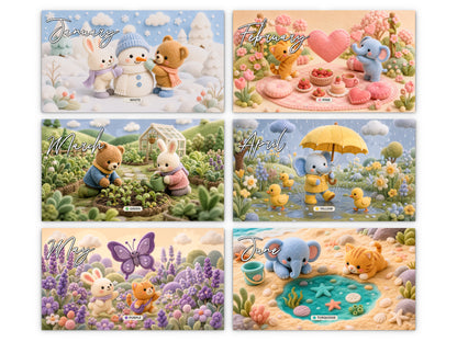 My Colors Adventure by Kaleidoscope Artisan - Whimsical Felt Friends with Holidays 2027 wall calendar monthly artwork preview January through June