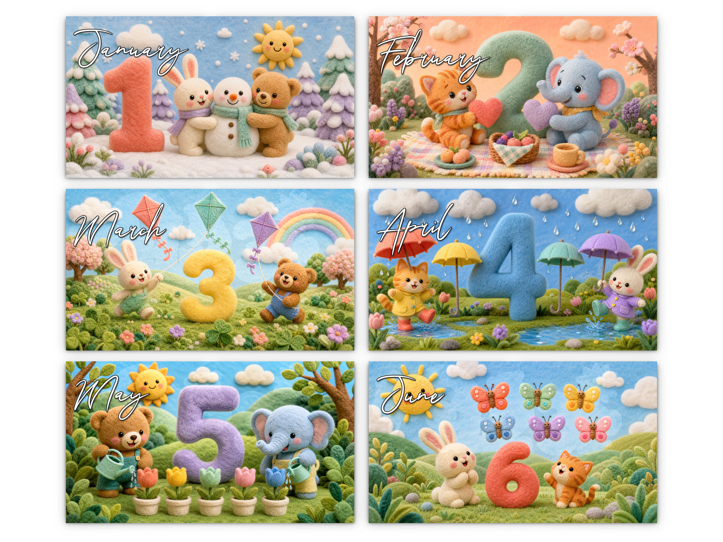 My Counting Adventure by Kaleidoscope Artisan - Playful Learning with Holidays 2027 wall calendar monthly artwork preview January through June