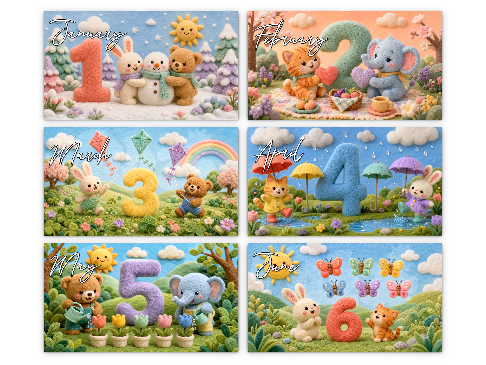 My Counting Adventure by Kaleidoscope Artisan - Playful Learning with Holidays 2027 wall calendar monthly artwork preview January through June