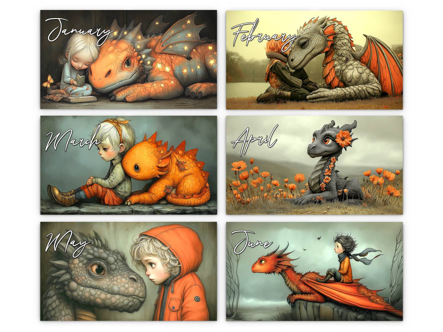 My Little Dragon 2027 wall calendar monthly artwork preview January through June