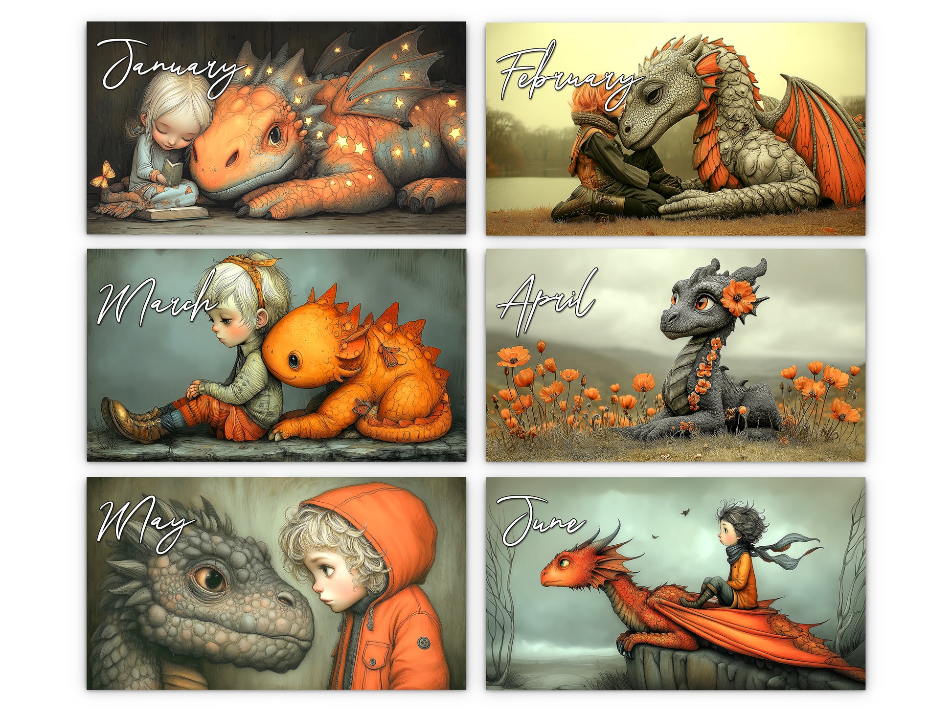My Little Dragon 2027 wall calendar monthly artwork preview January through June