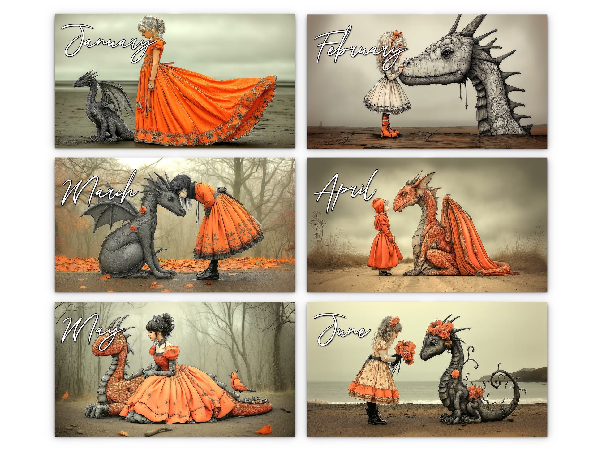 My Little Dragon Princess 2027 wall calendar monthly artwork preview January through June