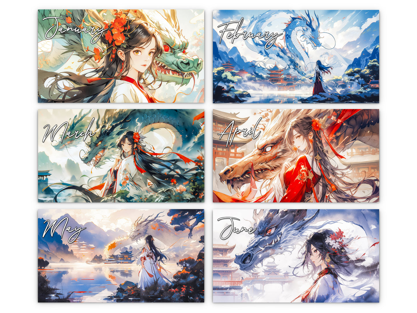 Mystic Skies 2027 wall calendar monthly artwork preview January through June
