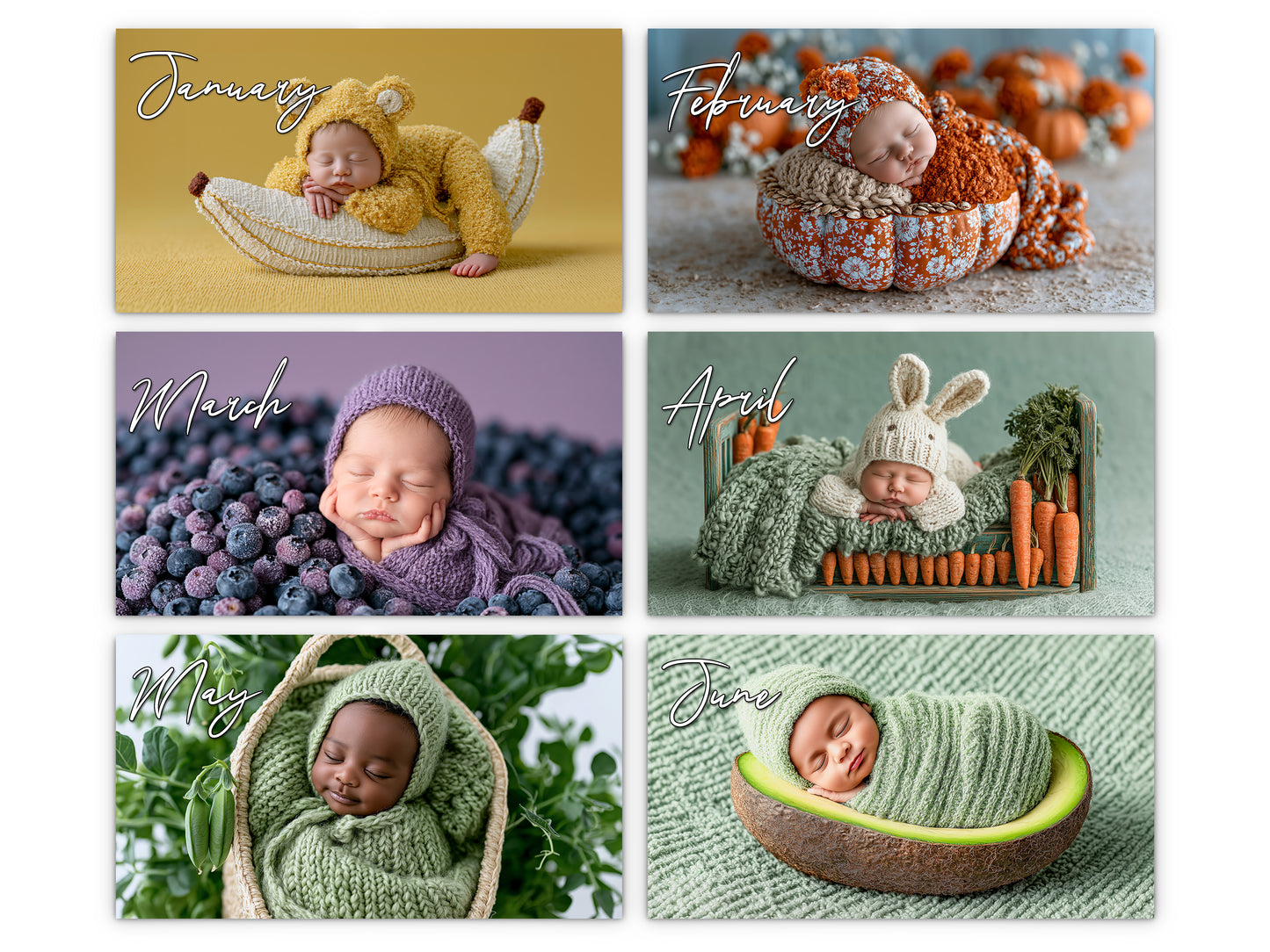 Newborn Baby 2027 wall calendar monthly artwork preview January through June