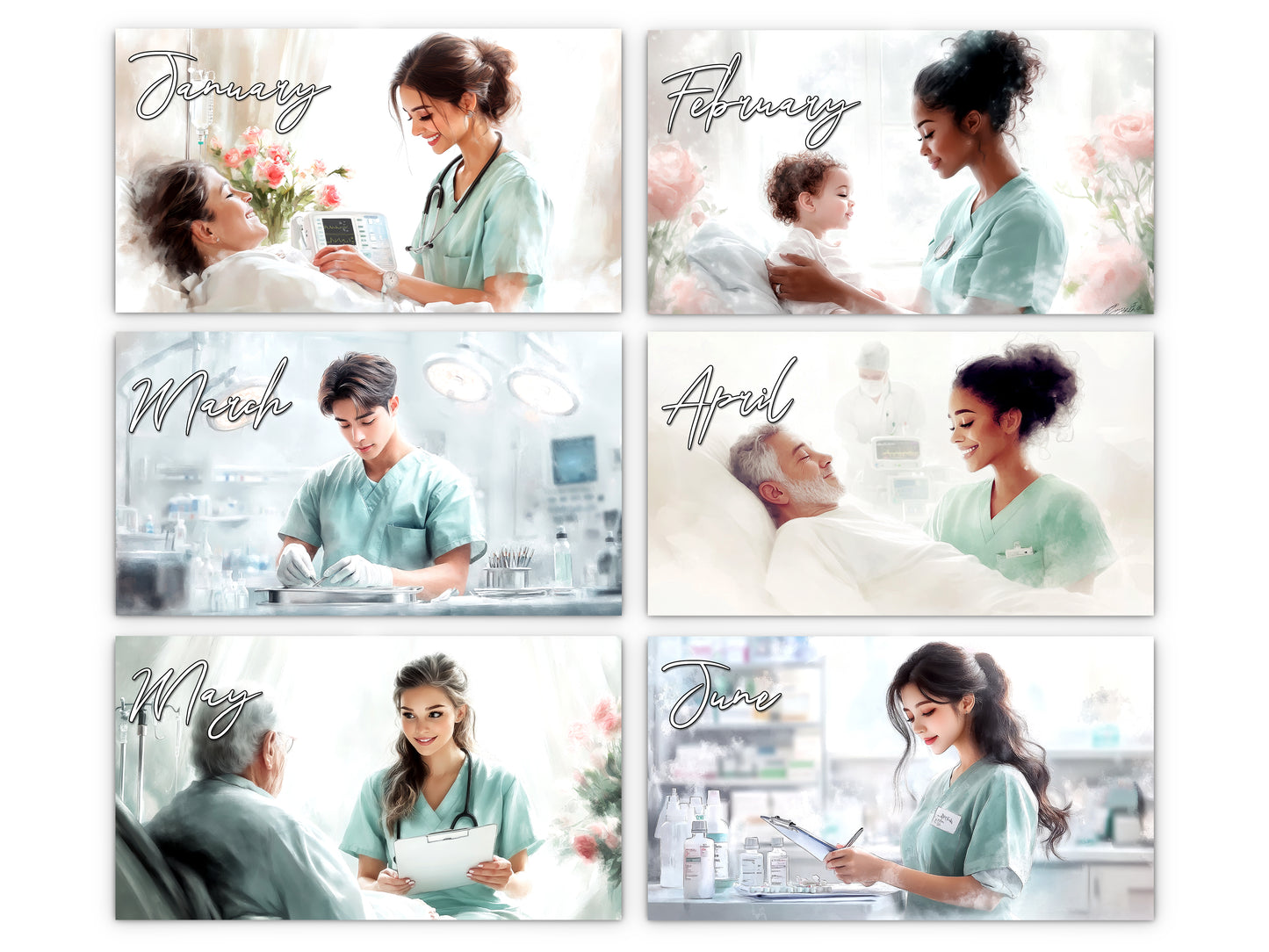Nurse 2027 wall calendar monthly artwork preview January through June