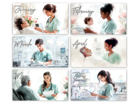 Nurse 2027 wall calendar monthly artwork preview January through June