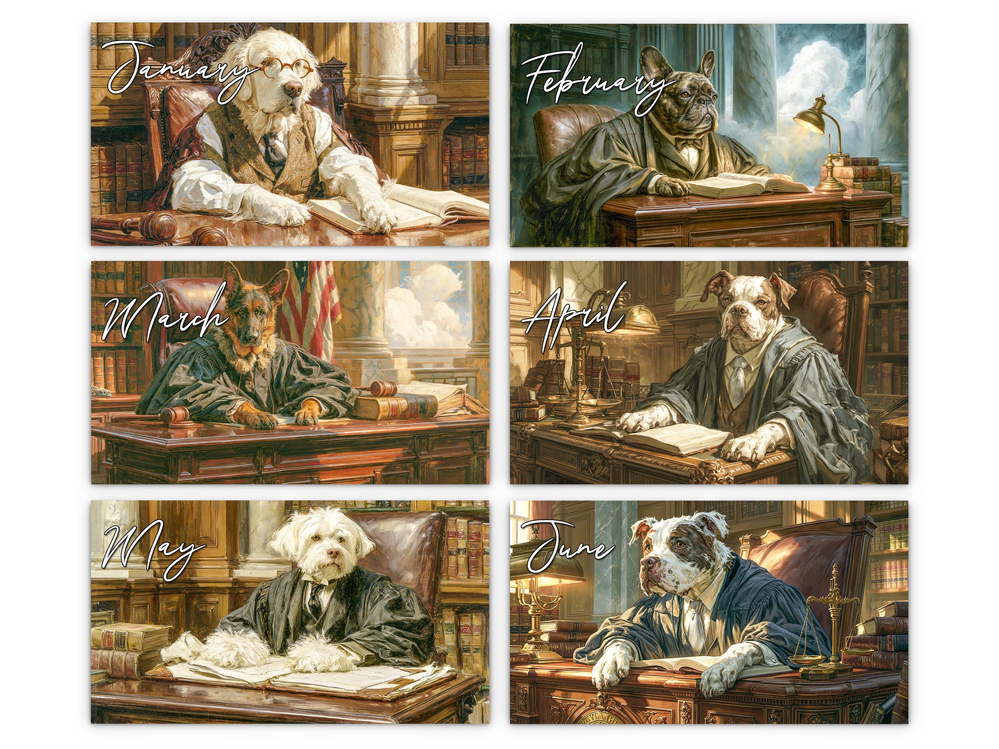 Paws of Justice 2027 wall calendar monthly artwork preview January through June