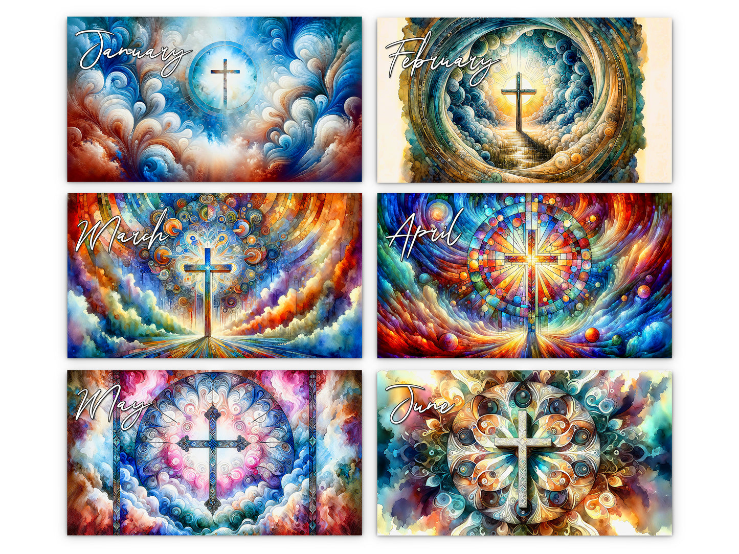 Radiant Cross 2027 wall calendar monthly artwork preview January through June