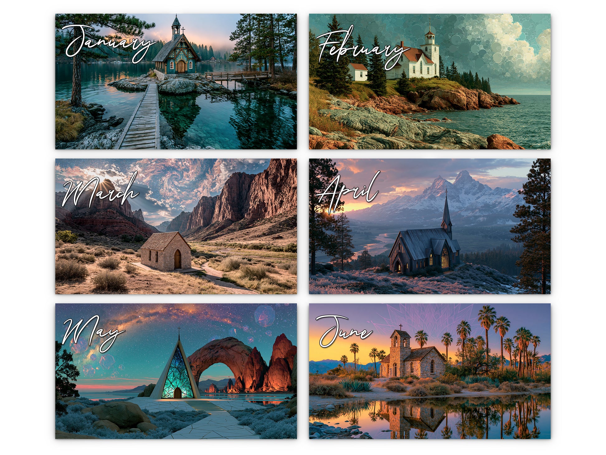 Sanctuary 2027 wall calendar monthly artwork preview January through June