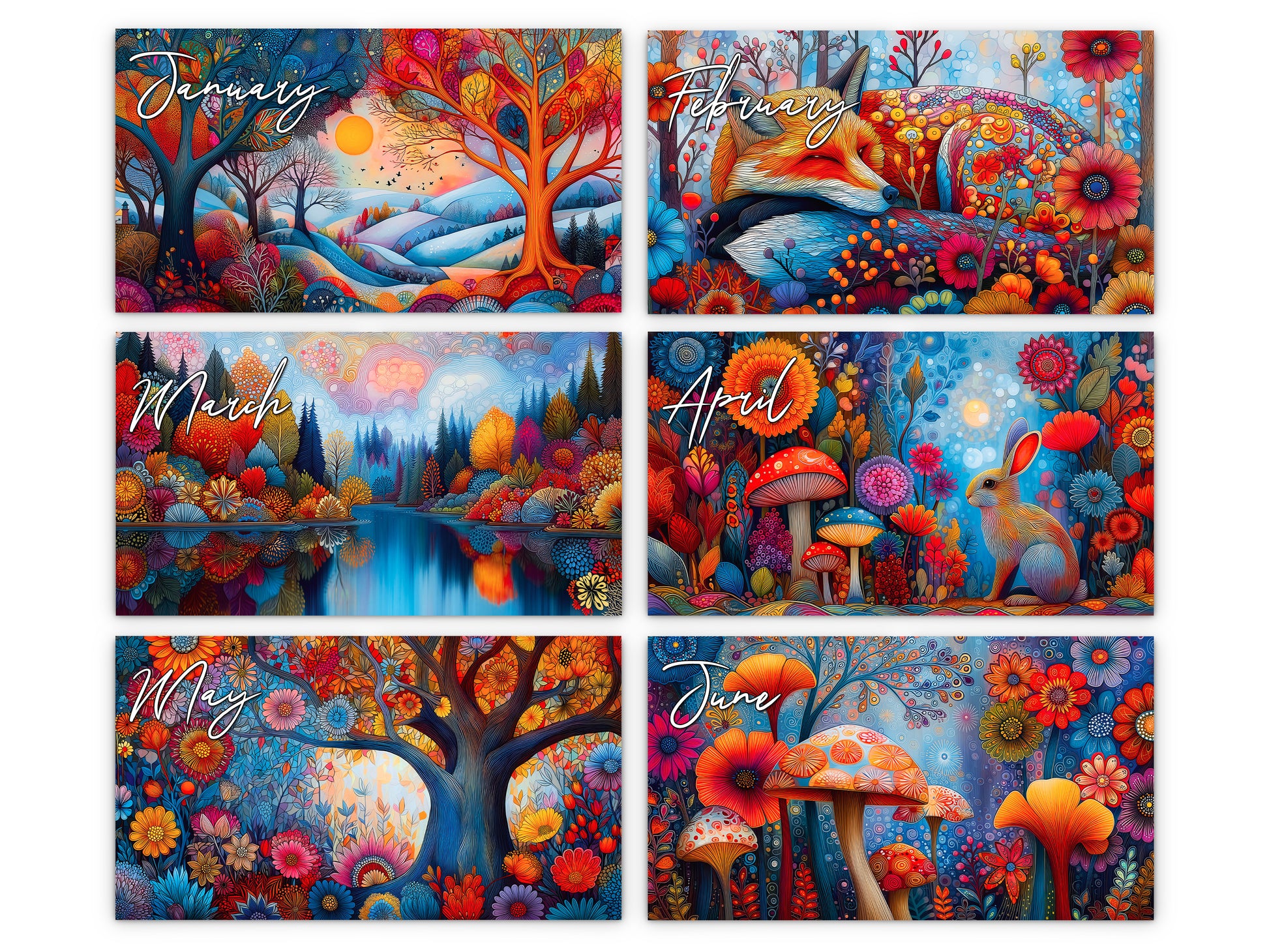Colorful calendar with monthly scenes for January to June.