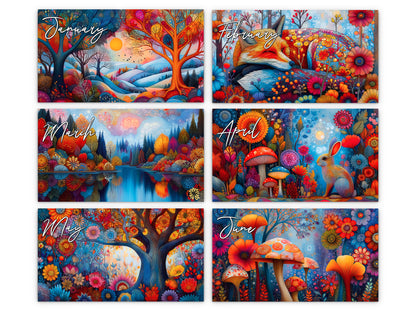 Colorful calendar with monthly scenes for January to June.