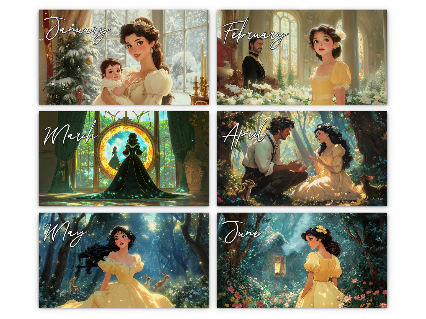 Snow White 2027 wall calendar monthly artwork preview January through June