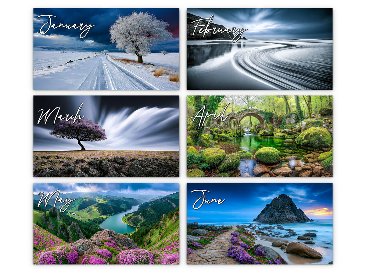 Solitude 2027 wall calendar monthly artwork preview January through June