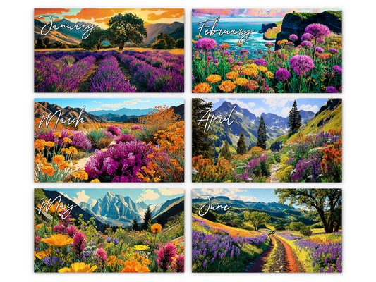 Spring Flowers 2027 wall calendar monthly artwork preview January through June