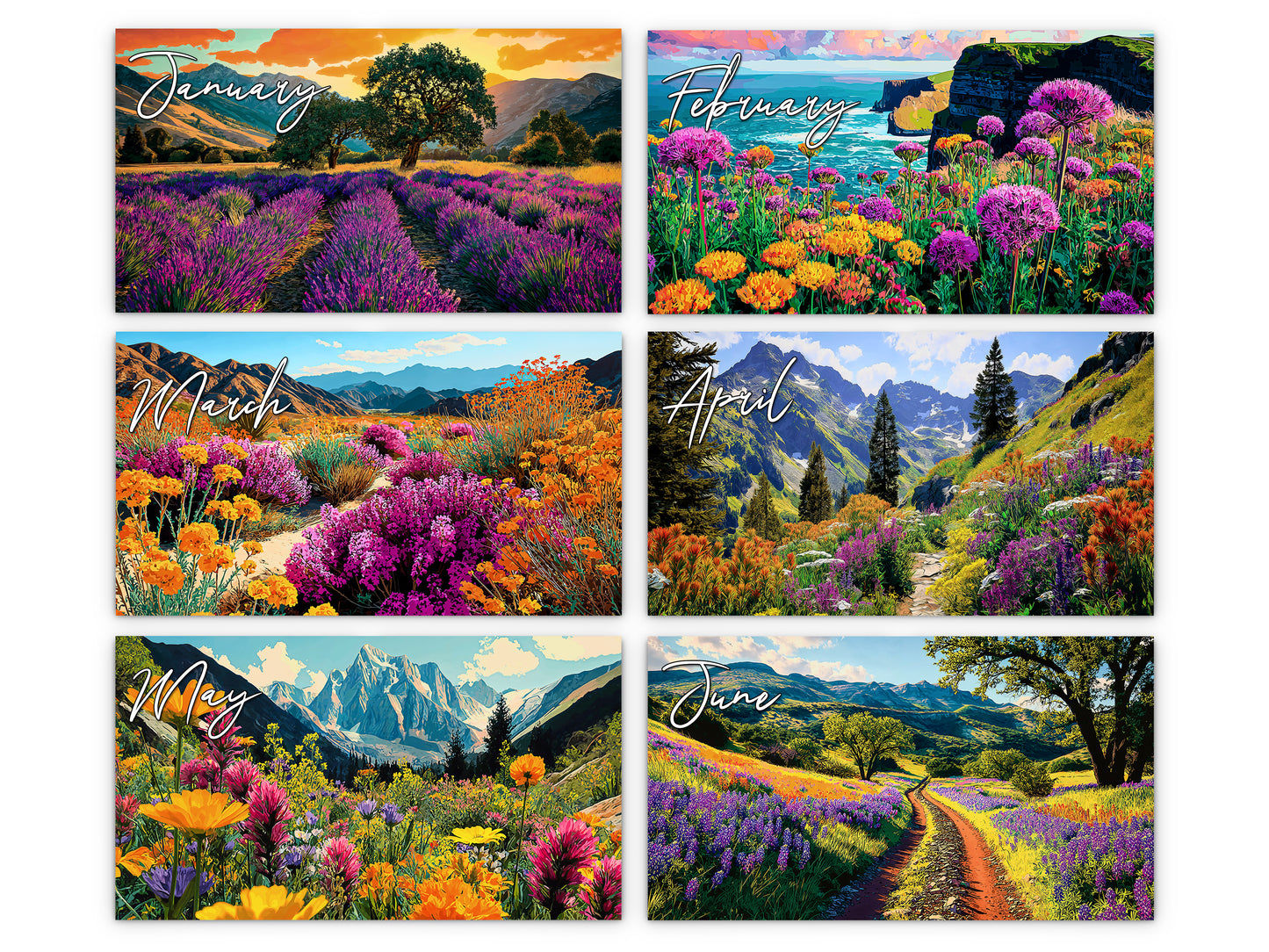 Spring Flowers 2027 wall calendar monthly artwork preview January through June