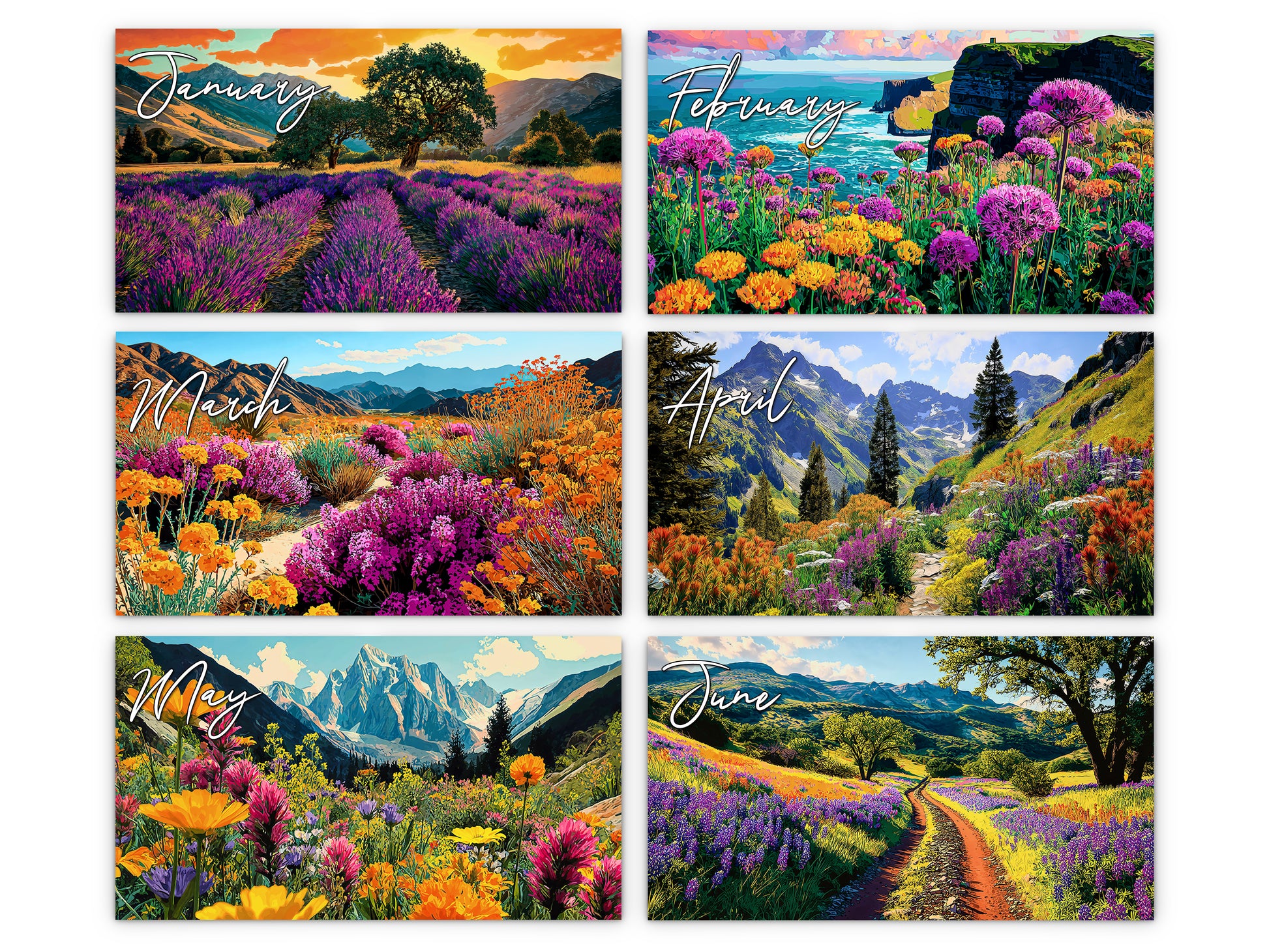 Spring Flowers 2027 wall calendar monthly artwork preview January through June