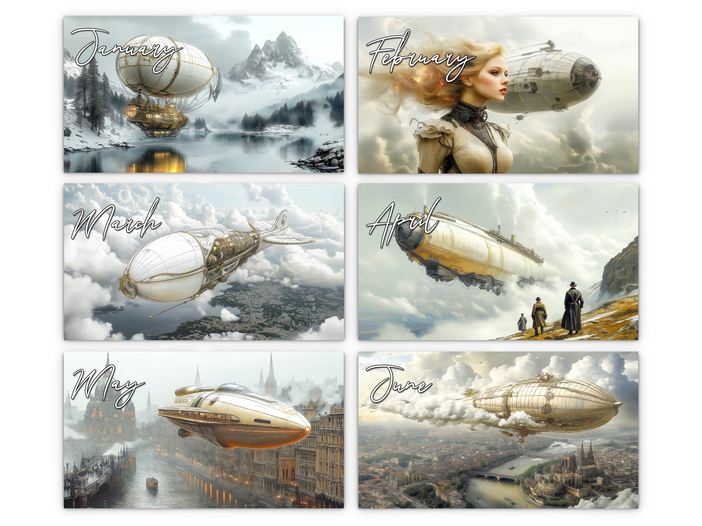 Steampunk Airship 2027 wall calendar monthly artwork preview January through June